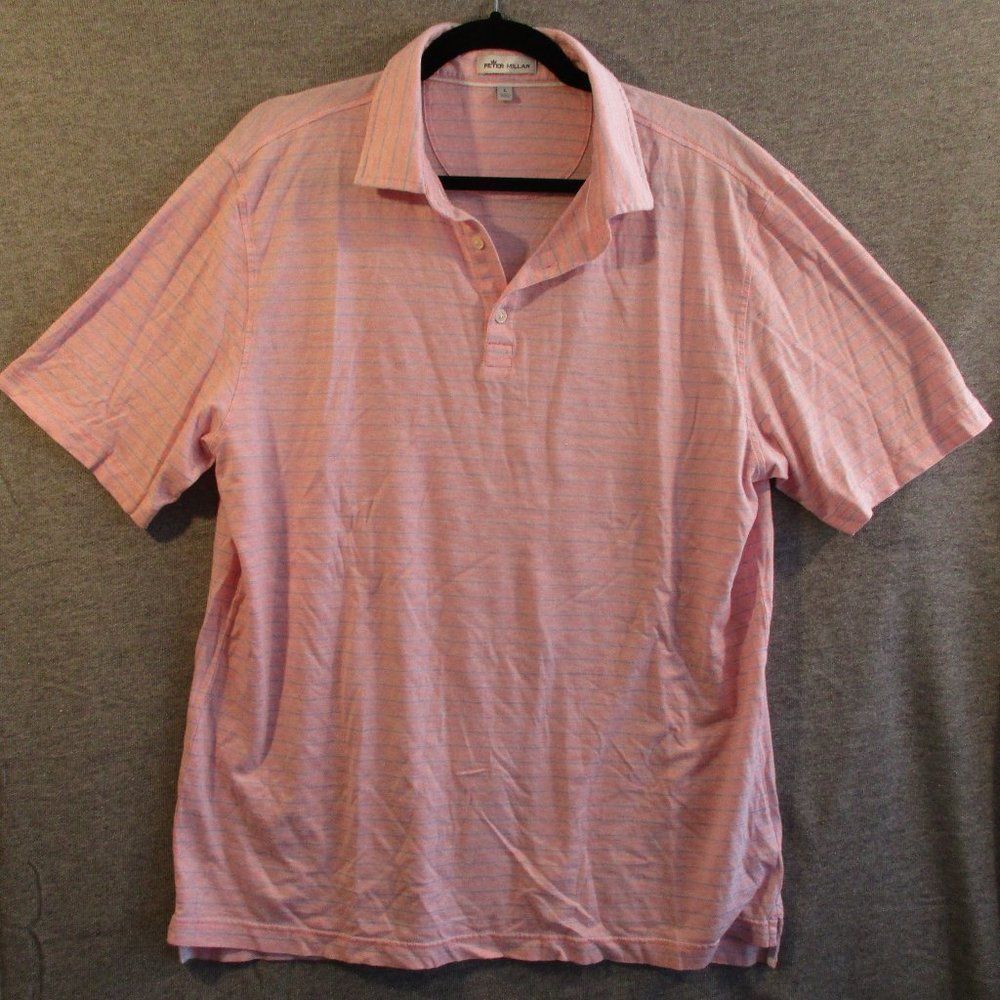 PETER MILLAR MENS LINEN POLO SHIRT PINK BLUE LARGE STRIPED cotton